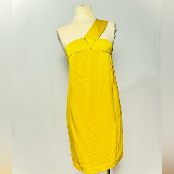 Satin Chartreuse One Shoulder Dress - Picture 5 of 7